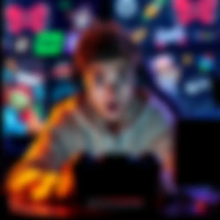 A streamer showing a shocked expression while failing at a video game, surrounded by funny gaming graphics.