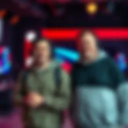 A popular streamer stands next to Nick Fuentes, the controversial figure known for his white supremacist views, in a studio setting. The streamer appears excited while Fuentes has a serious expression.