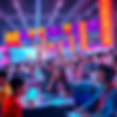 A vibrant scene showing students excitedly engaging in various innovative activities at Streamer University, with colorful banners and high-tech gadgets around them.