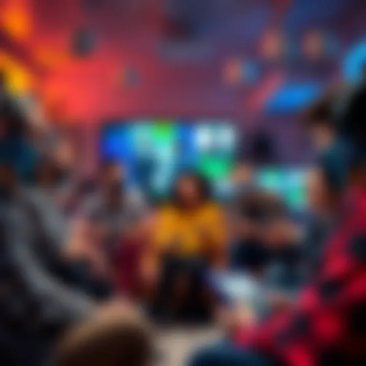 A diverse group of people excitedly discussing their favorite streamers in a casual setting, with gaming devices and screens in the background.