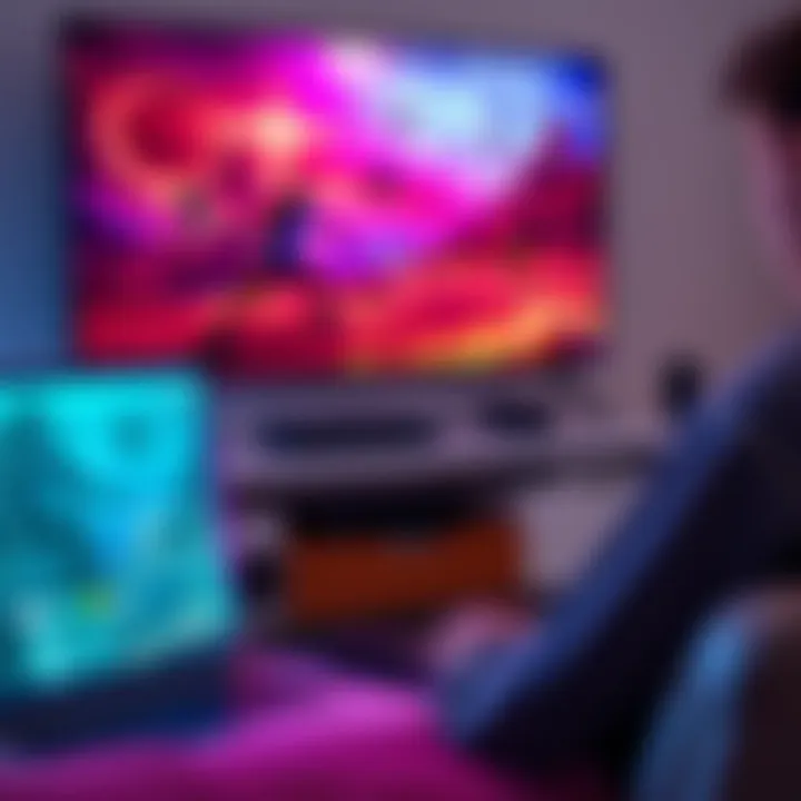 Streaming Desktop Games to TV A person using a laptop to stream games to a Samsung TV with a Firestick device connected.