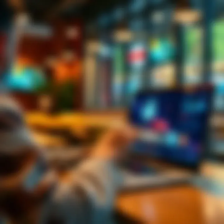 A person using a laptop in a cafe with a lock icon on the screen, trying to stream PC games remotely