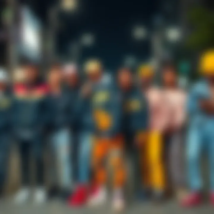 A group of diverse people showing off their trendy streetwear outfits in an urban setting, highlighting the latest fashion styles and personal expressions.