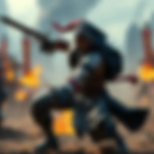 A strong fighter in a combat stance, showcasing unarmed striking poses, surrounded by a vibrant battlefield scene.