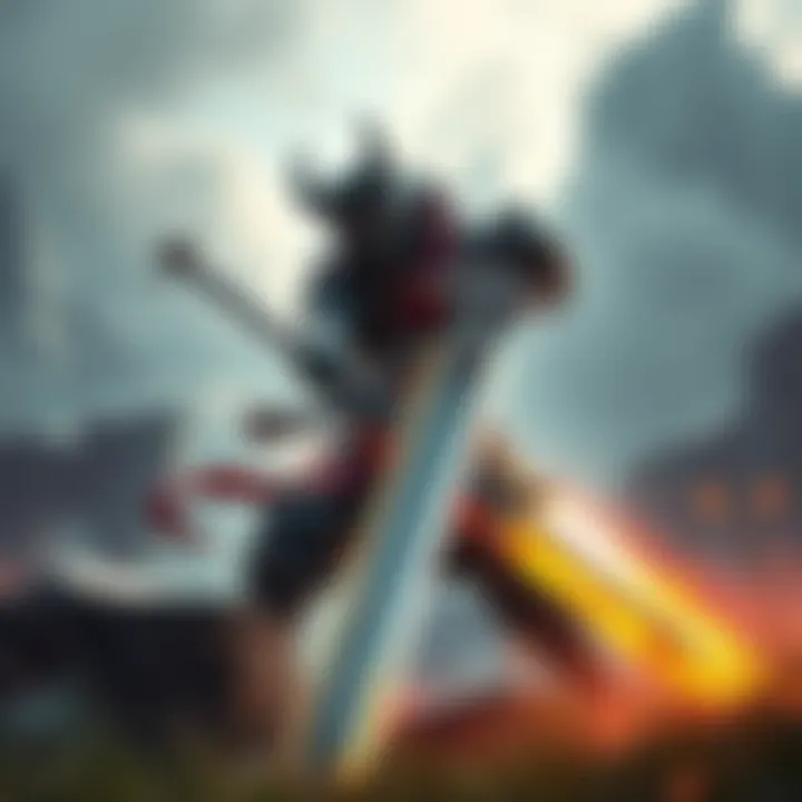 A character wielding a large greatsword, ready for battle in Shadow of the Erdtree landscape.