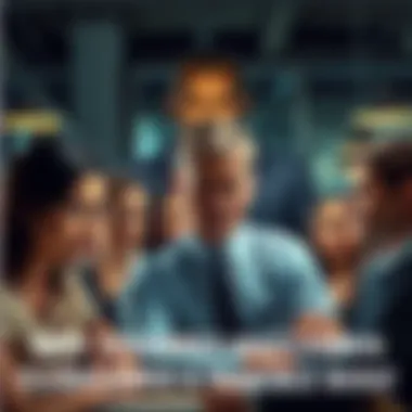 A group of stressed employees in an office looking anxious as their boss, depicted as a stern figure, overlooks them with a critical expression.