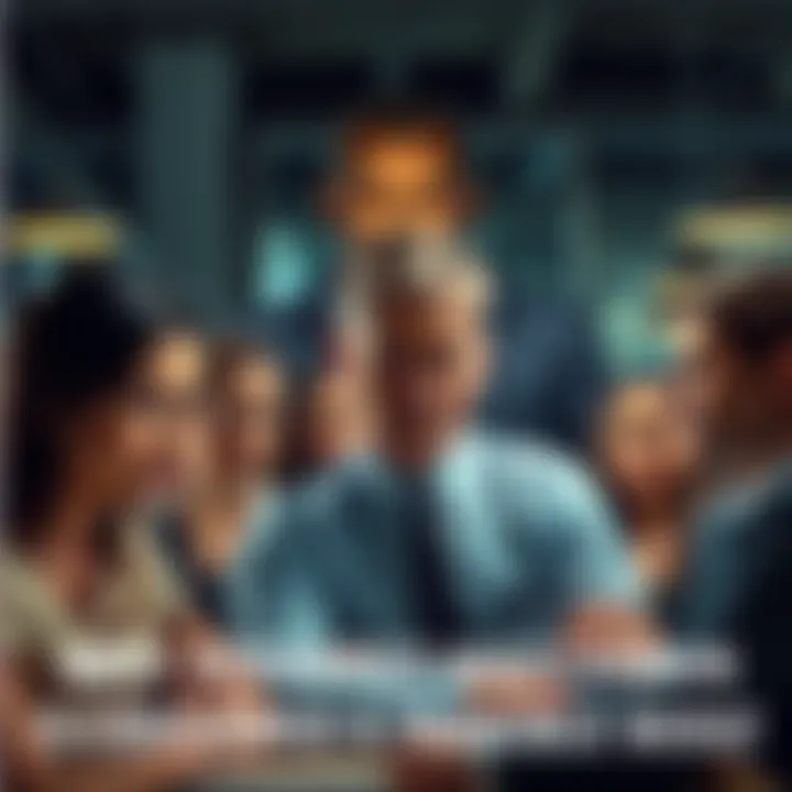 A group of stressed employees in an office looking anxious as their boss, depicted as a stern figure, overlooks them with a critical expression.