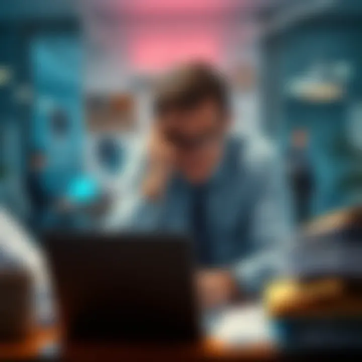 An office worker looks overwhelmed at their desk surrounded by paperwork and a laptop, reflecting the pressures of corporate life.