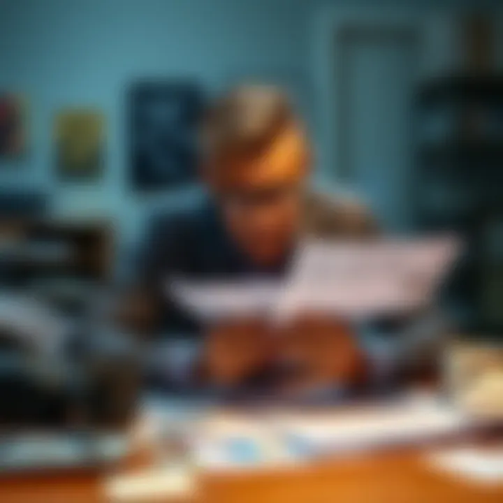 A person appears stressed while examining credit card bills at a cluttered table, with a calculator and a coffee cup beside them.