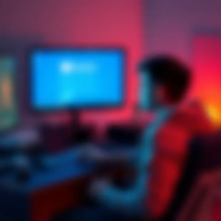 Person Stressed About Windows Update A person sitting at a desk looking worried while staring at a computer screen showing a Windows update notification.