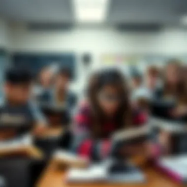 A group of students looking frustrated and overwhelmed with textbooks and notes in a classroom