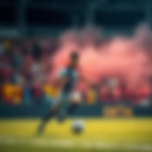 A soccer player, Striker, dribbling the ball on the field with fans cheering in the background