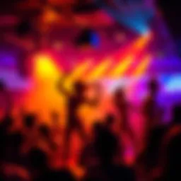 A lively strip club scene showing performers on stage with colorful lights and an engaged audience, capturing the energy of nightlife culture.
