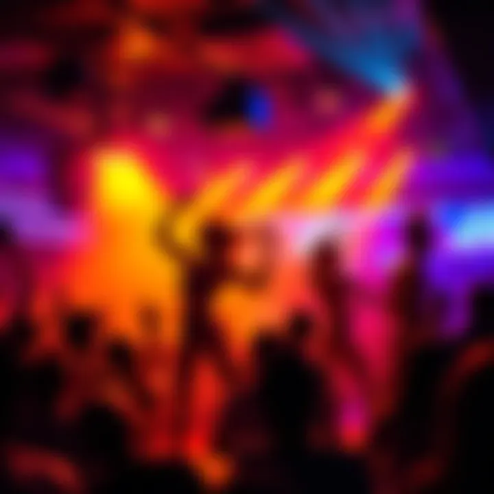 A lively strip club scene showing performers on stage with colorful lights and an engaged audience, capturing the energy of nightlife culture.