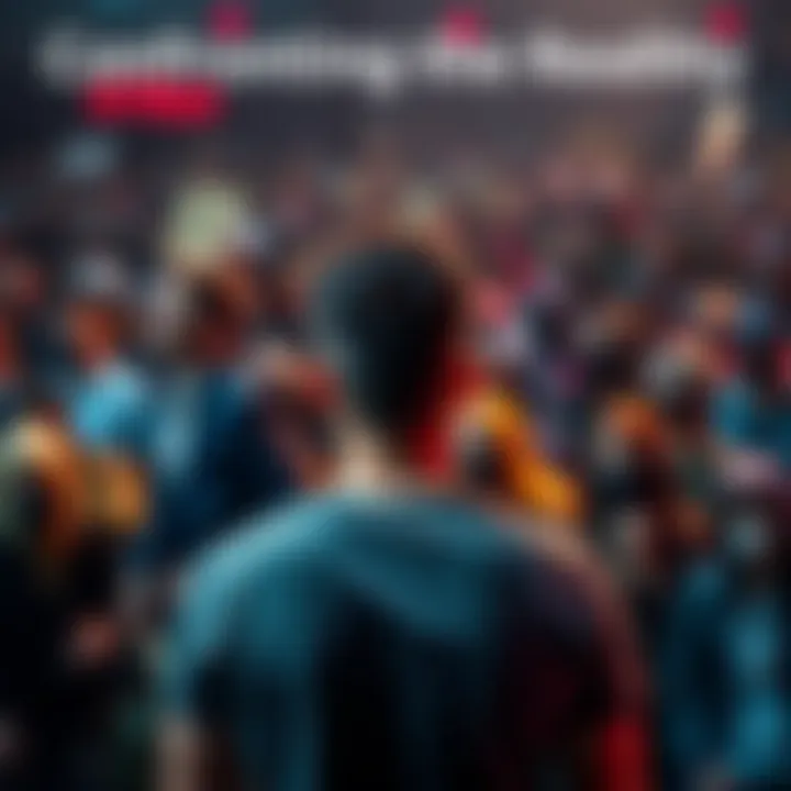 Individual confidently facing a crowd with some people showing negativity in the background