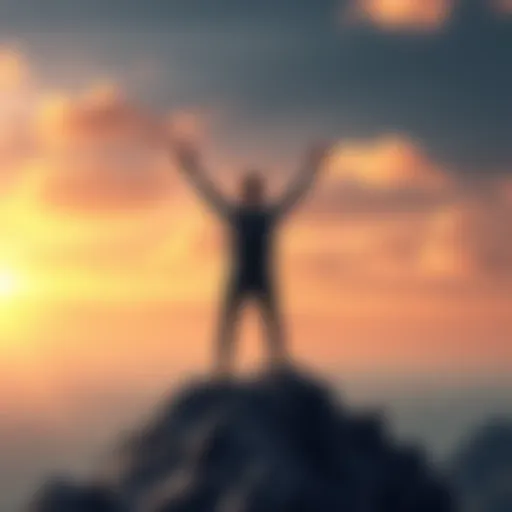 A person standing confidently on a mountain peak, arms raised in victory, symbolizing resilience and courage in facing challenges.