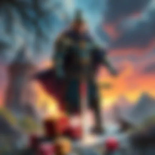 Strong DnD Character A powerful DnD character stands ready with a sword, surrounded by a fantasy landscape and dice, symbolizing strategy and gaming tactics.