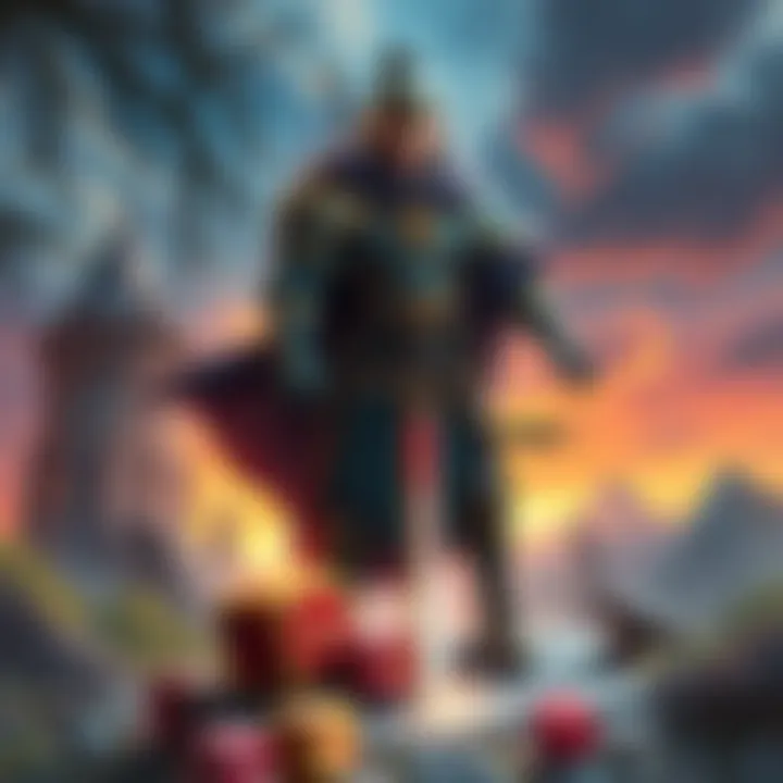 Strong DnD Character A powerful DnD character stands ready with a sword, surrounded by a fantasy landscape and dice, symbolizing strategy and gaming tactics.