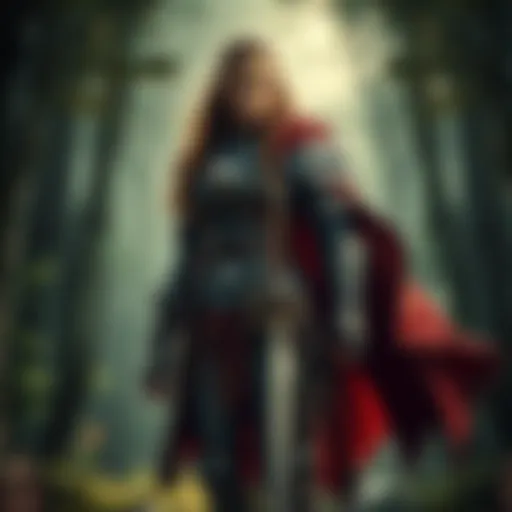 A powerful female barbarian standing in a forest, dressed in armor and holding a weapon, representing strength and bravery.