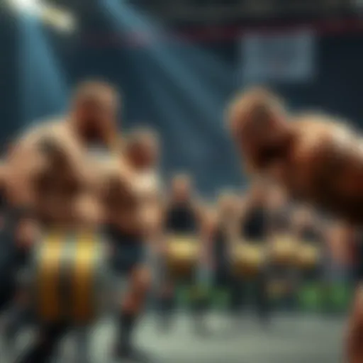 A group of strength athletes competing in a strongman event, showcasing their muscles and determination.
