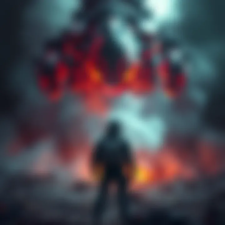 A person stands alone on a battlefield, looking tense and overwhelmed, facing an unseen, powerful enemy.