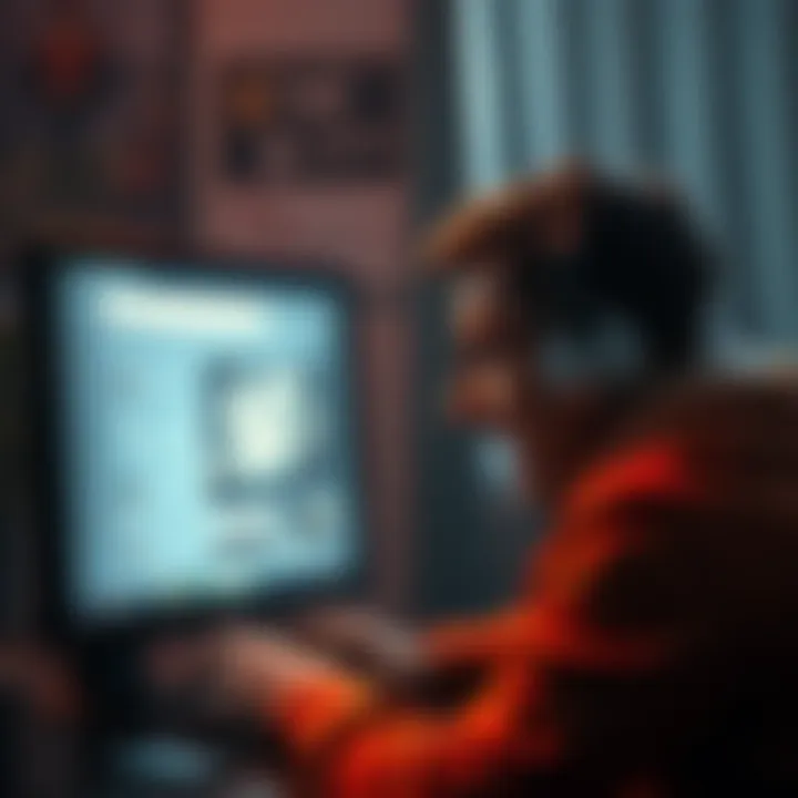 Struggling Gamer Trying to Find Unreal 2004 A frustrated gamer looking at a computer screen with a search page for Unreal 2004, showing empty results and scattered game icons.