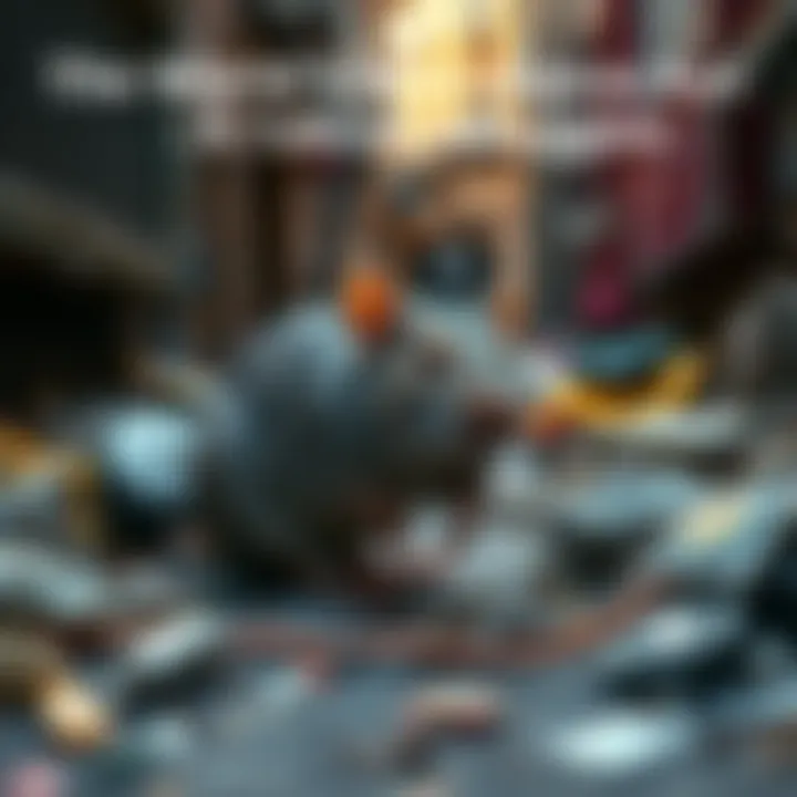 A rat looking weak and worn out in a city alley, surrounded by trash and debris, symbolizing survival struggles.