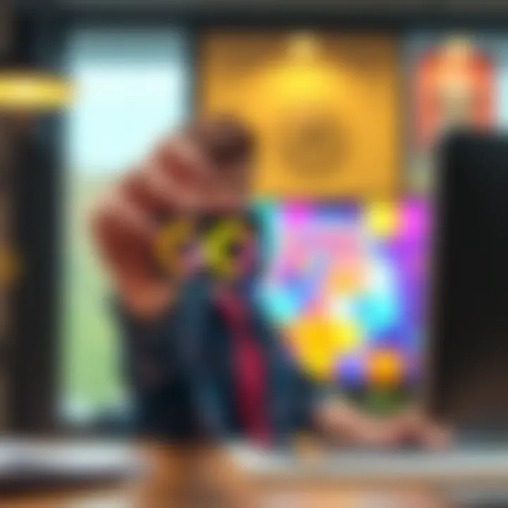 College student displaying a creative GOWR edit for a project, with colorful designs on a computer screen