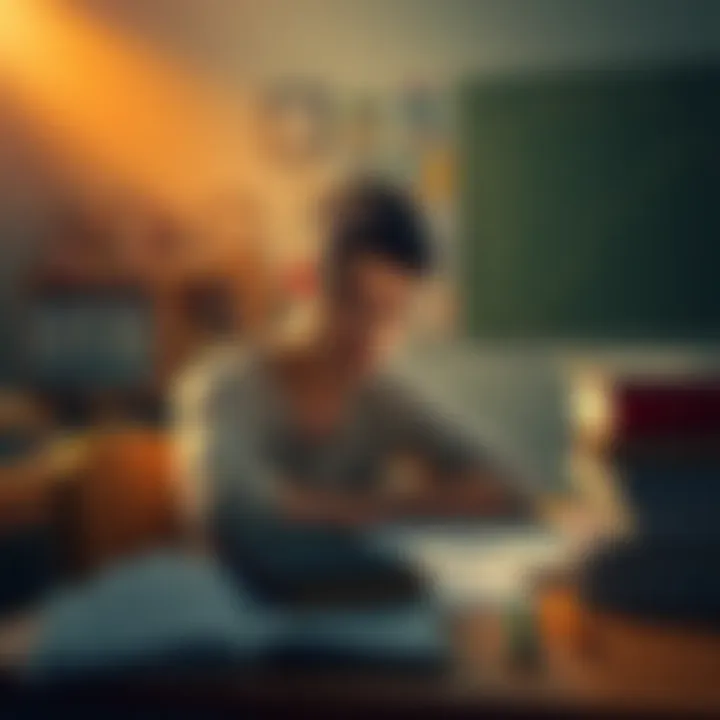 A student sits at a desk with a concerned expression, surrounded by exam papers and study materials, symbolizing academic struggle and challenges.