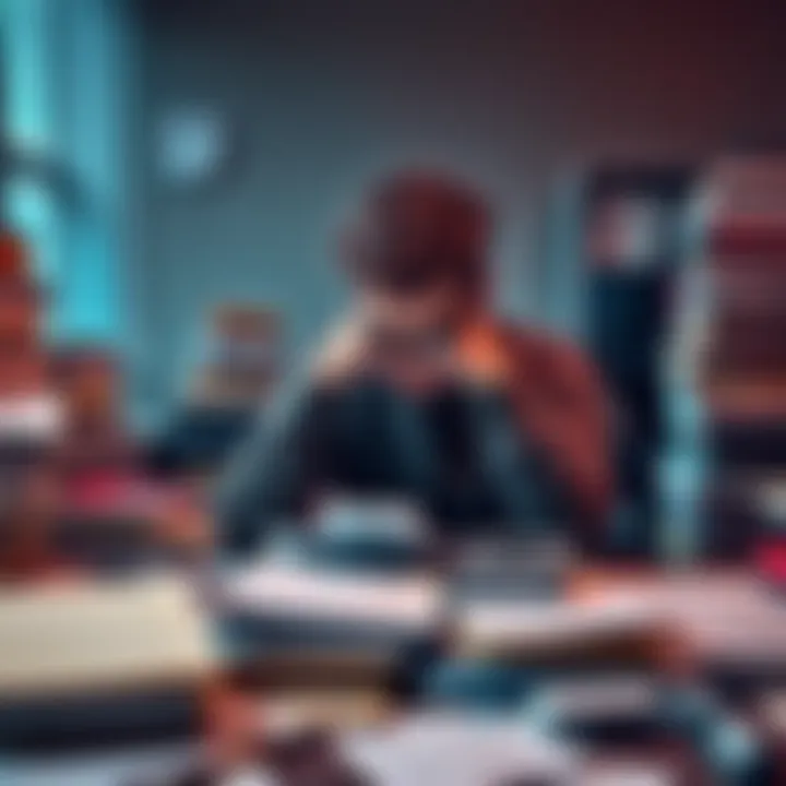 A student sitting at a desk covered in books and papers, looking stressed while holding their head in hands, symbolizing anxiety about essays and job search.