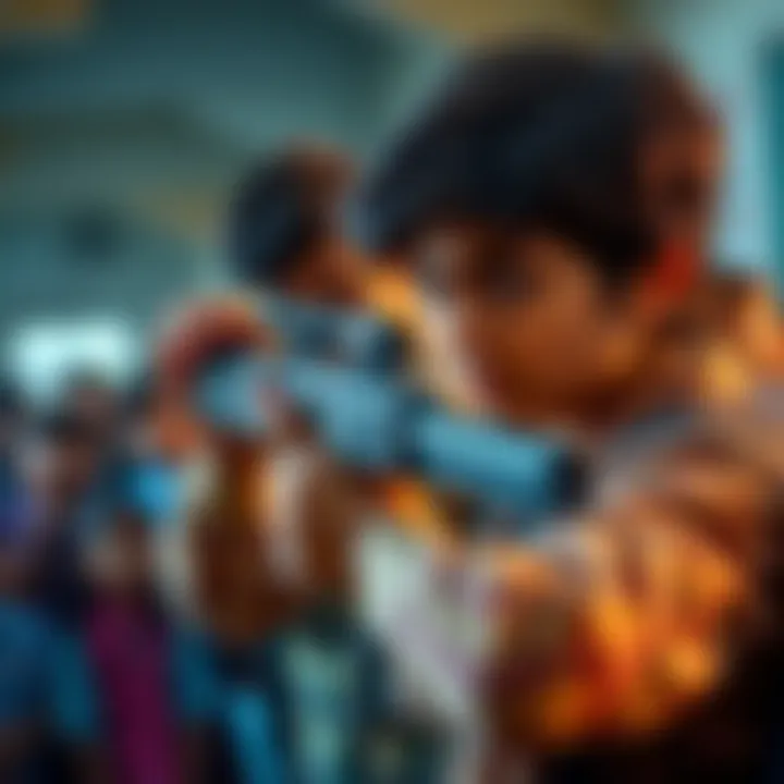 A student aiming a pellet gun in a school setting, with a worried crowd in the background.