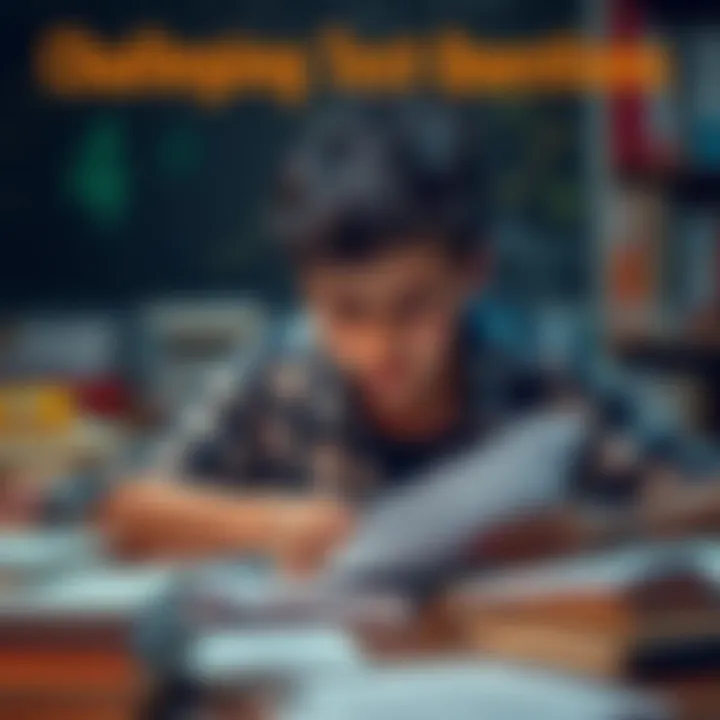 Student struggling with test questions A student looks worried while examining a test paper with challenging questions, focusing on question 4, with books and notes scattered around them.