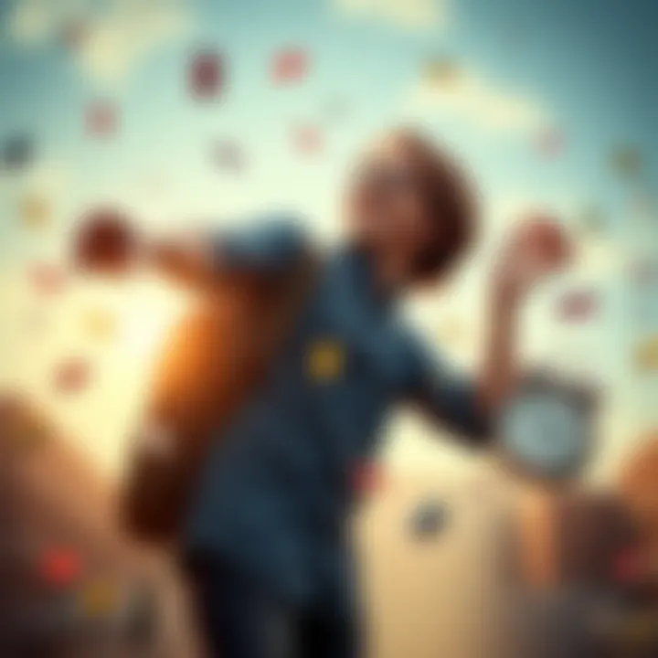 A university student juggling study materials and a clock, symbolizing work-life balance