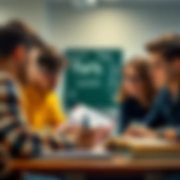 Group of students studying together, discussing the Field Guide with a professor in a classroom setting.