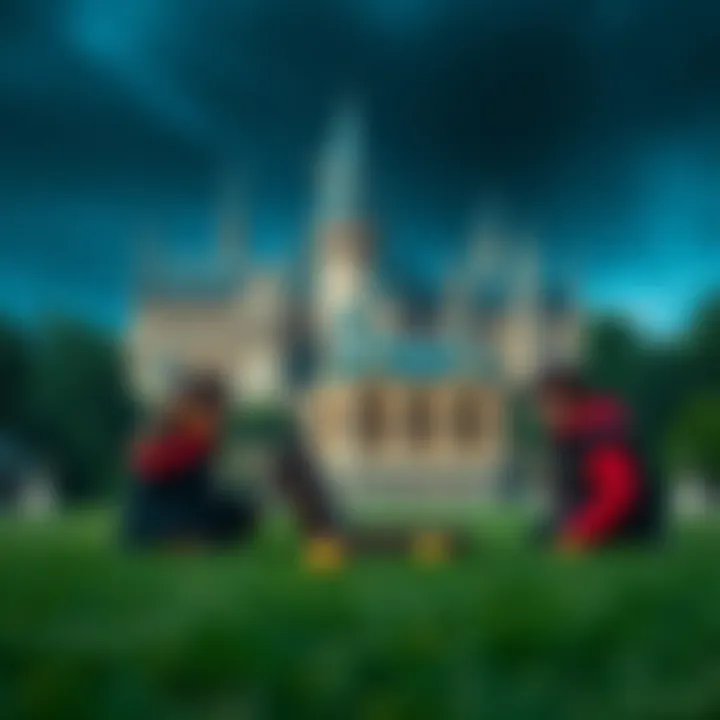 Two students engaged in a game on the Hogwarts lawn, surrounded by the iconic castle and greenery.