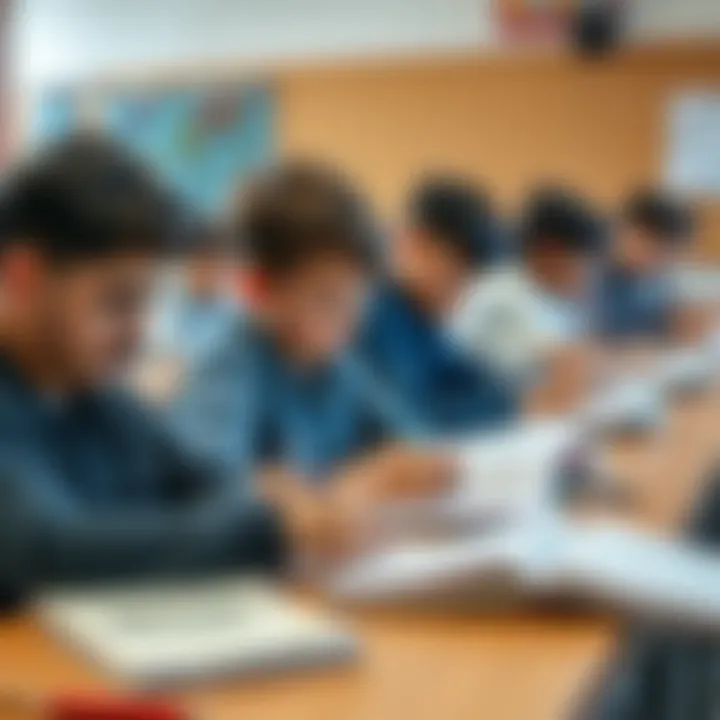 A group of students sitting at desks, actively doodling in their textbooks during a class, showing their creative expressions.