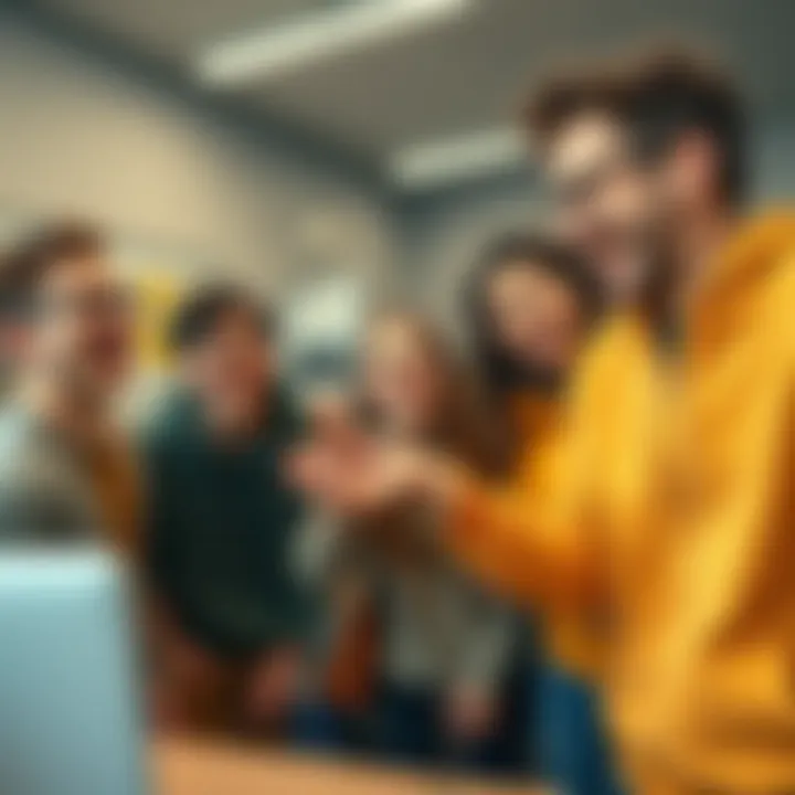 Group of students giggling around a poorly made network cable in a classroom setting