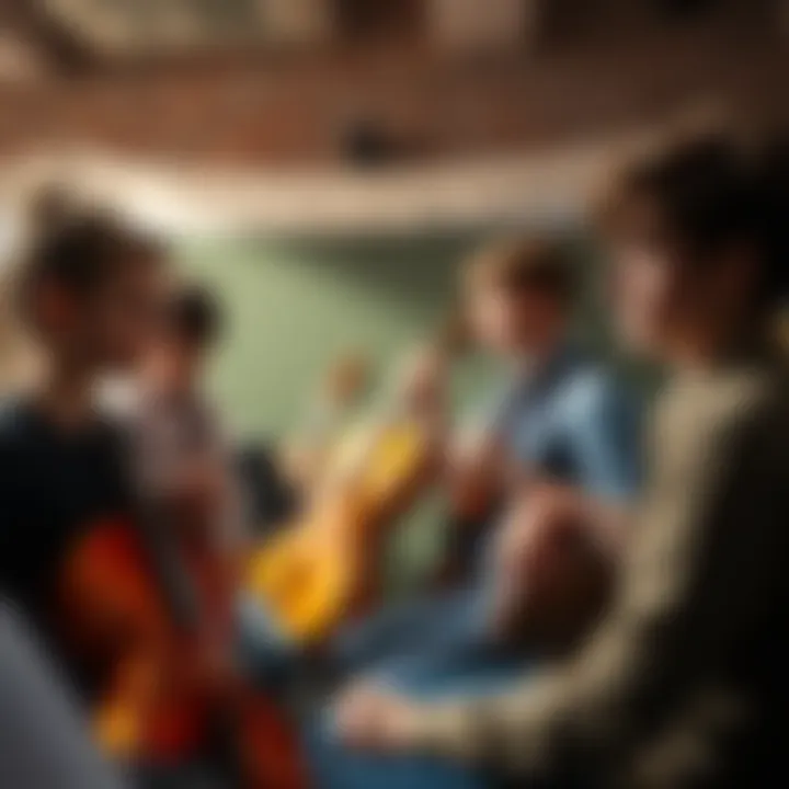 Students in music class reflecting on loss A group of students sitting in a music class, looking thoughtful as they engage with their instruments, evoking memories of personal loss and emotional connections through music.