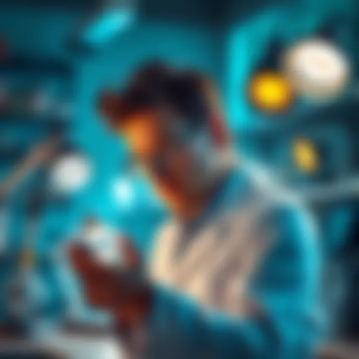 A researcher analyzing various light sources in a lab setting, showcasing effects on health and mood.