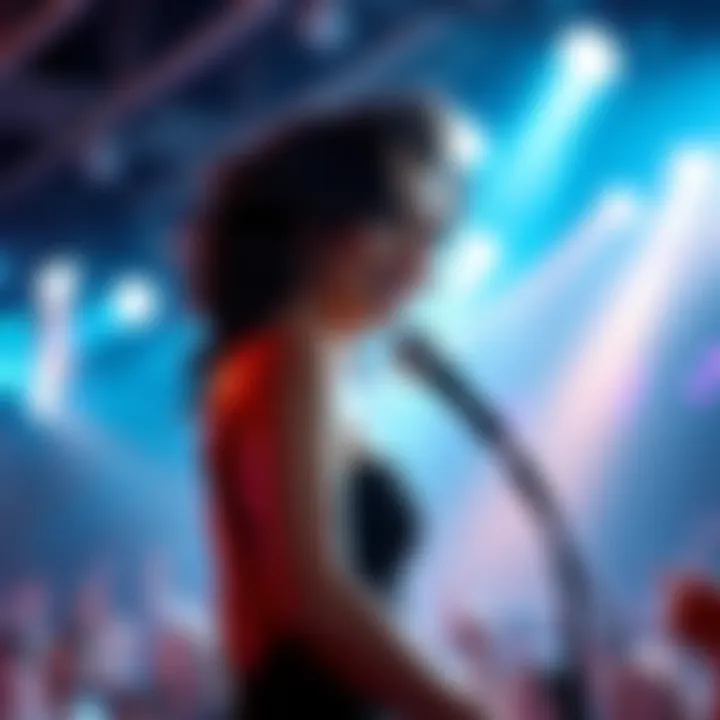 Stunning Diva on Stage A glamorous female singer with a captivating presence performing on stage, surrounded by bright lights and cheering crowd.
