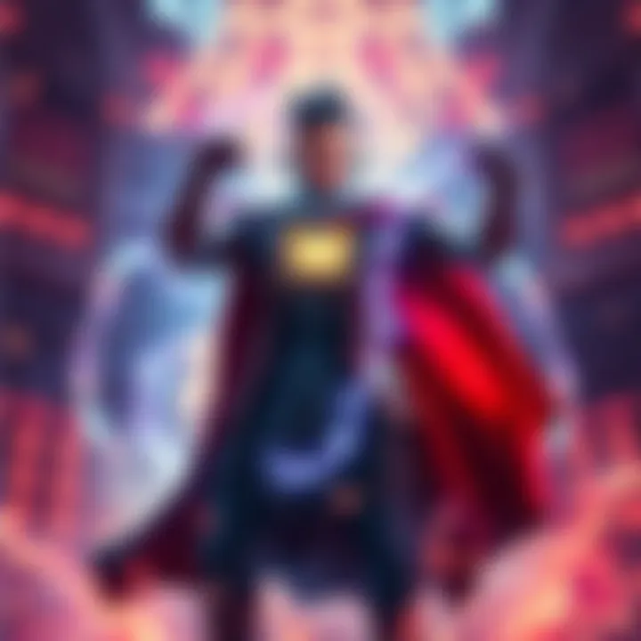 A vibrant scene from a gaming cutscene showing a hero in a dramatic pose with magical effects around them.