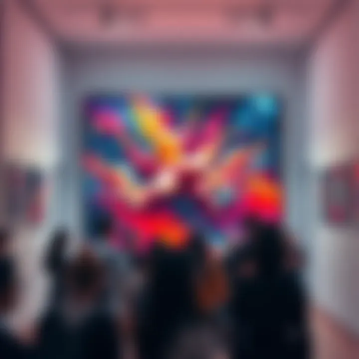 Stunning new art piece A vibrant and unique art piece displayed in a gallery, attracting a crowd of people admiring it.