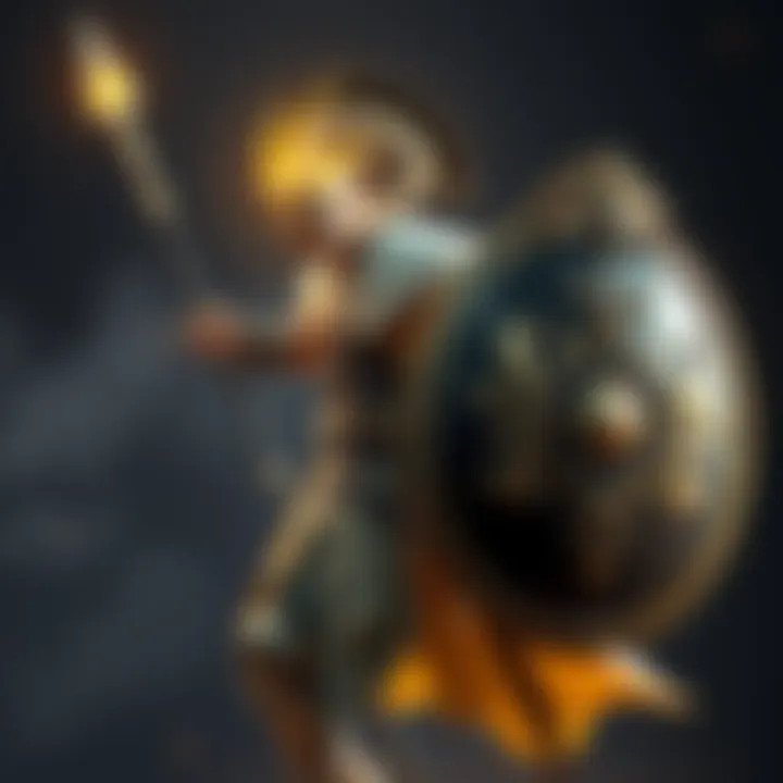 A character named Styanax stands ready for battle, wielding a spear and shield. The spear glows with energy, while the shield is adorned with intricate designs, symbolizing strength and protection. St...