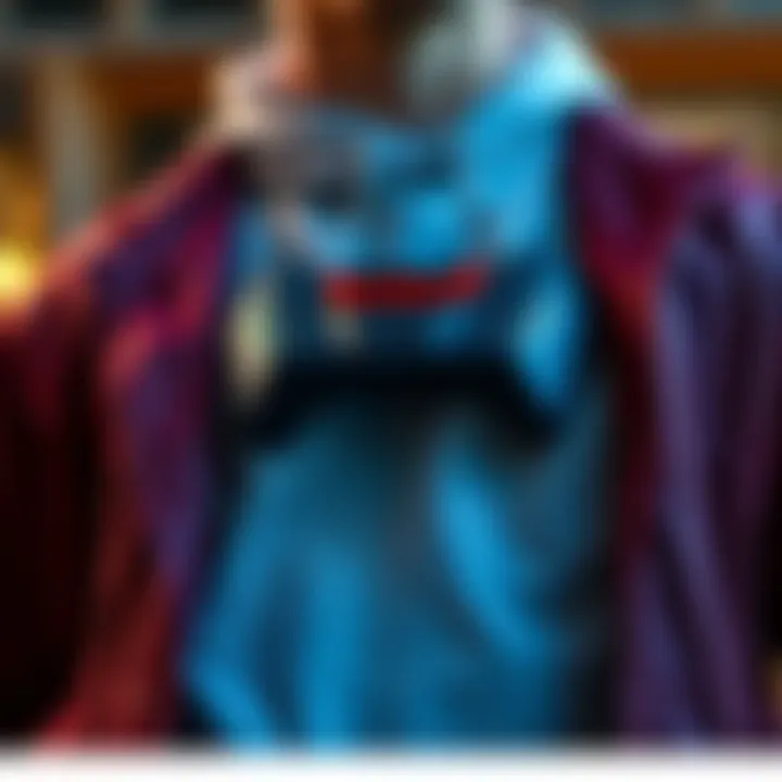 A close-up view of a trendy chest piece attachment worn over a casual outfit, showcasing its design and features.