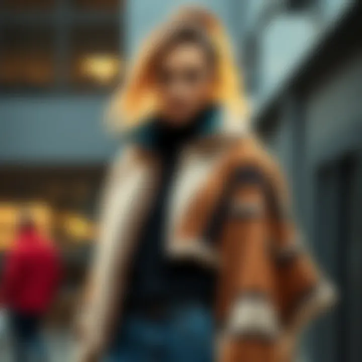 A model wearing a Mesa Jacket layered with a cropped jacket and a poncho, showcasing a trendy style combination.