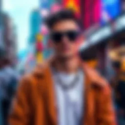 A confident individual dressed in trendy clothes, showcasing a relaxed attitude, surrounded by a lively urban setting.