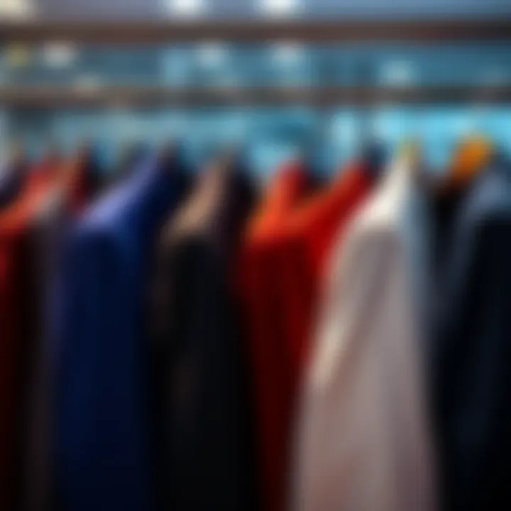 A group of different stylish suits displayed on hangers, showing various colors and designs, inviting people to choose their favorite.