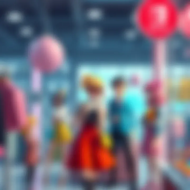 Colorful game characters interacting in a fashion store, showcasing various outfits and accessories