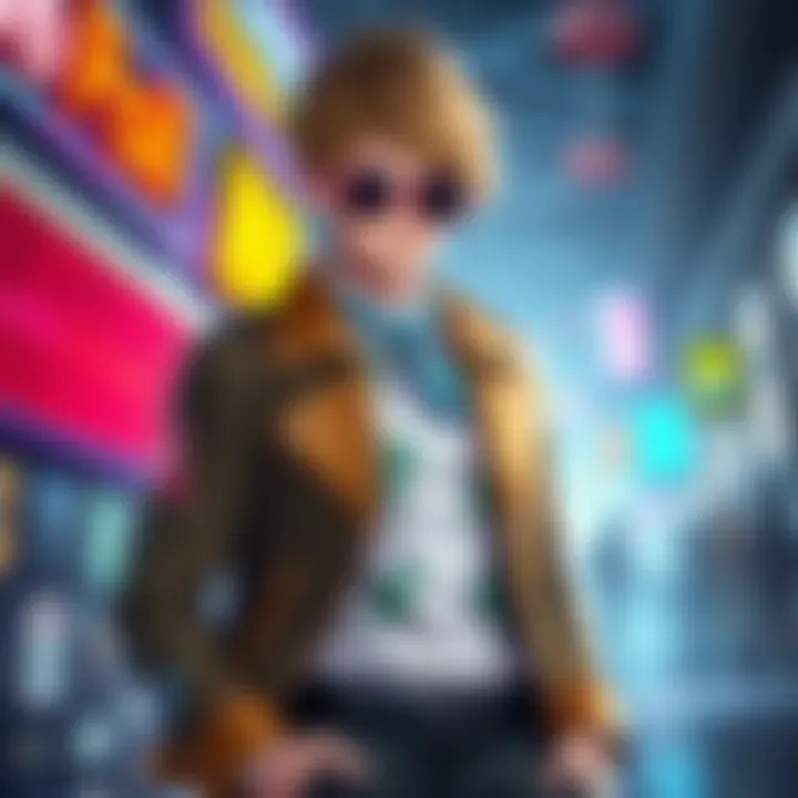 Stylish Male V Character Design A handsome Male V character from the game, showcasing unique clothing and hairstyle designs, standing confidently in a vibrant game environment.