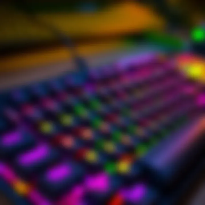 A close-up view of a stylish mechanical keyboard with colorful backlighting and unique design features.
